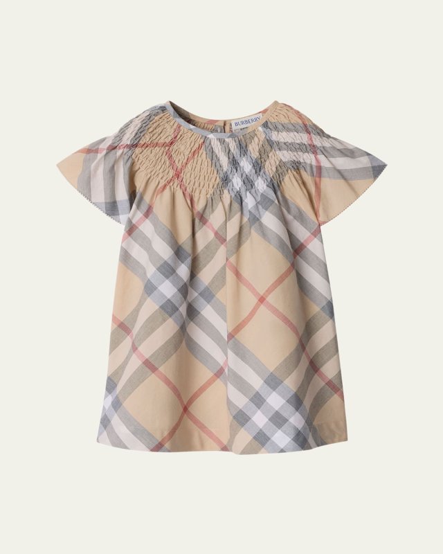 Girl's Cali Smocked Check-Print Dress, Size 12M-